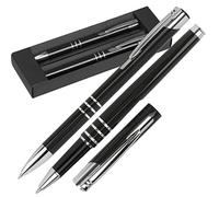 Lot de 2 stylos à bille en métal avec recharge de grande capacité et bille à bille dans un étui en carton bleu, noir, argent ou rouge (noir)