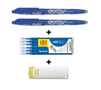 Lot de 2 stylos FriXion Ball pointe moyenne 0.7mm bleu Pilot + 6 recharges + gomme