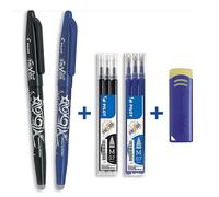 Lot de 2 stylos FriXion Ball pointe moyenne 0.7mm noir bleu Pilot + 2 étuis de 3 recharges + gomme