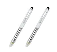 Lot de 2 stylos torches LED 3 en 1 avec lumière - Stylo à bille multifonction - Encre noire pour écrans tactiles - Blanc