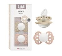 Lot de 2 sucettes anatomiques BIBS Infinity, sans bisphénol A, tétine anatomique en silicone, Téterelle symétrique. Silicone, Fabriqué au Danemark, Taille 2 (6-18 mois), Vanilla Glow/Blush Glow