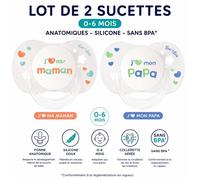 Lot de 2 Sucettes Luc et Léa Anatomiques 0-6 Mois - J'aime Mon Papa & J'aime Ma Maman - Silicone Sans BPA