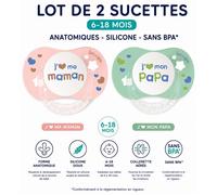 Lot de 2 Sucettes Luc et Léa Anatomiques 6-18 Mois - J'aime Mon Papa & J'aime Ma Maman - Silicone Sans BPA