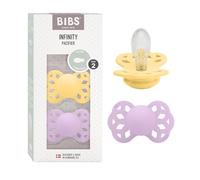 Lot de 2 sucettes physiologiques BIBS Infinity, sans bisphénol A, Téterelle symétrique. Silicone, Fabriqué au Danemark, Taille 2 (6-18 mois), Pale Butter/Violet Sky