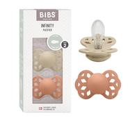 Lot de 2 sucettes physiologiques BIBS Infinity, sans bisphénol A, tétine physiologique en silicone, Téterelle symétrique. Silicone, Fabriqué au Danemark, Taille 2 (6-18 mois), Vanilla/Peach