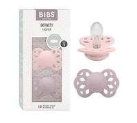 Lot de 2 sucettes physiologiques BIBS Infinity, sans bisphénol A, tétine physiologique en silicone, Téterelle symétrique. Silicone, Fabriqué au Danemark, Taille 1 (0-6 mois), Blossom/Dusky Lilac