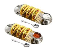 Lot de 2 supports à tacos en acier inoxydable avec plateau, tasses à sauce et cuillère
