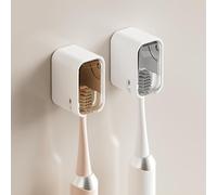 Lot de 2 supports de brosse à dents muraux pour salle de bain, support de brosse à dents auto-adhésif solide avec couvercle, organiseur de têtes de brosse à dents pour la famille, 1 marron et 1 gris