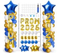 Lot de 2 supports de colonnes de ballons de remise de diplôme avec 132 ballons en latex bleu doré et blanc, lettres 2026, tube métallique réglable, pilier télescopique avec base pour décoration de