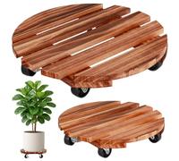 Lot de 2 supports de plantes à roulettes de 30,5 cm avec roulettes, chariot en bois robuste pour plantes d'intérieur et d'extérieur, support de fleurs en bois naturel