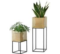 Lot de 2 Supports de Plantes Set Cache-Pot Pots de Fleur Bacs à Fleurs Vases en Métal Tailles Différentes Noir Doré [en.casa] G