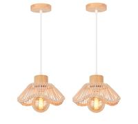 Lot de 2 Suspensions Luminaires Moderne TOKIUS - Rotin et Bois Ø 22 cm - E27 40W - Lustre pour Chambre Salon Cuisine - Naturel