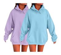 Lot de 2 Sweat à Capuche Femme Pull Coton Lin Grande Taille Sweats Col Rond Mode avec Cordon Pullover Baggy Couleur Unie Hoodie Longues Décontracté Sweatshirt Chic Automne Hiver Bleu Marine 5XL