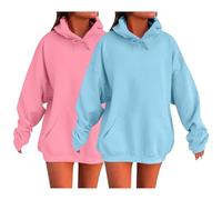 Lot de 2 Sweat à Capuche Femme Pull Coton Lin Grande Taille Sweats Col Rond Mode avec Cordon Pullover Baggy Couleur Unie Hoodie Longues Décontracté Sweatshirt Chic Automne Hiver Bleu Ciel XXL