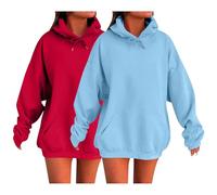 Lot de 2 Sweat à Capuche Femme Pull Coton Lin Grande Taille Sweats Col Rond Mode avec Cordon Pullover Baggy Couleur Unie Hoodie Longues Décontracté Sweatshirt Chic Automne Hiver Rouge L