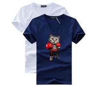 Lot de 2 T-Shirt Homme Col V Manches Courtes Casual Tee Shirt Ete Coupe Droite Imprimé Chat de Boxe - Blanc/bleu XXL
