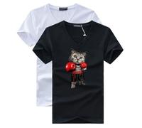 Lot de 2 T-Shirt Homme Col V Manches Courtes Casual Tee Shirt Ete Coupe Droite Imprimé Chat de Boxe - Blanc/noir S