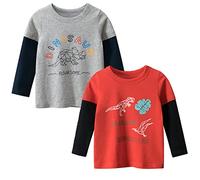 Lot de 2 t-shirts à manches longues pour garçon 100 % coton Motif dinosaure, Rouge + jaune., 4 ans