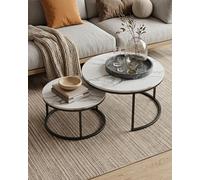 Lot de 2 Table Basse Ronde Table Gigogne de Salon Tables Basses Blanches et Noires Aspect Marbre avec Structure Métal, Bout Canapé Polyvalent, Mobilier Intérieur Élégant, Largeur 80+60 cm