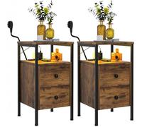 Lot de 2 Table d'Appoint avec Prises et USB - VIVOLILV - 40x40x61 cm - Bout de Canapé avec 2 tiroirs - Marron Rustique