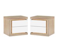 Lot de 2 table de chevet avec 2 tiroirs - Avec LEDs - Blanc laqué et naturel - FLARANCIA