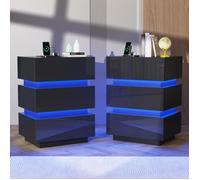 Lot de 2 Table de Chevet avec Éclairage LED VIVOLILV,Noir Table de Nuit avec Station de Charge,Haute Brillante 3 Tiroirs,45x35x62