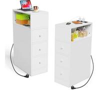 Lot de 2 Table de chevet étroite avec station de charge VIVOLILV,Table de nuit avec 3 tiroirs,Étagère étroite de 25 cm,Blanc