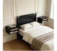 Lot de 2 Table de Chevet Murale avec Tiroir en Rotin, Design Noir Chic,Commode Suspendue avec Étagère pour Chambre et Dressing