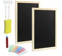 Lot de 2 tableaux noirs avec cadre en bois, 20 x 30 cm, ardoise à écrire, avec 12 craies et 1 gomme éponge, 1 corde de chanvre et 2 crochets en corne pour buffet, mariage, fête