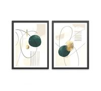 Lot de 2 tableaux style abstraits modernes 30 x 40 cm (prêts à suspendre) - Tableaux abstraits modernes avec cadre - Vert, or, blanc, beige, noir