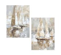 Lot de 2 tableaux sur toile naturelle avec voiliers en blanc, beige et gris 50 x 70 x 3 cm