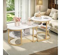 Lot de 2 Tables Basses 2 en 1 avec Espace de Rangement Table Basse Moderne Ronde et rectangulaire Aspect marbre Cadre en métal Table d'appoint pour Salon Or