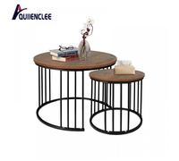 Lot de 2 tables basses à pieds verticaux de style industriel,QUIIENCLEE,table ronde,60cm40cm,cadre en métal,couleur bois flammé