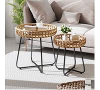 Lot de 2 Tables Basses de Jardin Extérieur COSTWAY, Tailles Différentes, Tables d'Appoint Rondes en Rotin PE Tressé pour Intérieur