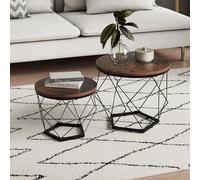 Lot de 2 tables basses, de salon, avec structure en métal et plateau rond, table d'appoint moderne, 50 x 44 et 40 x 37 cm (l x h) - Aspect bois marron