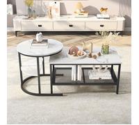 Lot de 2 Tables Basses de Salon,Table d'Appoint Double Couche Table de Canapé Moderne Design, Marbre Blanc et Métal Noir