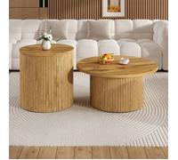 Lot de 2 tables basses gigogne - table basse ronde - avec plateaux en bois - 75x36/50x50.5cm - Naturel