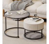Lot de 2 tables basses gigognes avec grand tiroir de rangement, design rond rétractable, plateau en verre pour petits espaces