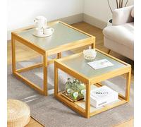 Lot de 2 Tables Basses gigognes carrées, 60+50cm Table Basse gigogne Appartement, Cadre en Bambou et Verre trempé, Tables Modernes et compactes pour Salon et Petits espaces(Yellow)