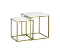 Lot de 2 tables basses gigognes carrées style art déco - acier doré panneaux aspect marbre blanc Blanc G