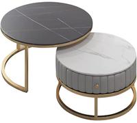 Lot de 2 tables basses gigognes contemporaines avec tiroir - Table d'appoint ronde moderne avec cadre en métal pour le salon.