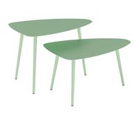 Lot de 2 tables basses gigognes de jardin design piètement effilé acier plateau métal vert