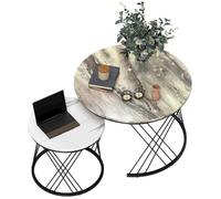 Lot de 2 tables basses gigognes - HOMCOM - rondes Ø 70/44,5 cm - plateau effet marbre - panneau de particules et métal - gris, blanc