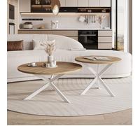 Lot de 2 Tables Basses Gigognes LIBERO - 75/58 cm - Structure en Métal - Moderne Table Basse Ronde - Blanc / Chêne doré