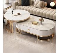 Lot de 2 tables basses gigognes ovales modernes - Dessus en pierre et cadre en acier - Tables de cocktail de salon avec tiroir, 119,4 x 61 x 40,6 cm et 81,3 x 81,3 x 45,7 cm - Décoration d'intérieur