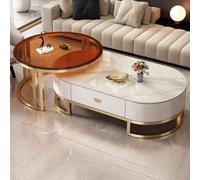 Lot de 2 tables basses gigognes ovales modernes - Dessus en pierre et cadre en acier - Tables de cocktail de salon avec tiroir, 119,4 x 61 x 40,6 cm et 81,3 x 81,3 x 45,7 cm - Décoration d'intérieur