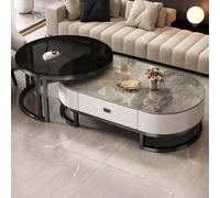 Lot de 2 tables basses gigognes ovales modernes - Dessus en pierre et cadre en acier - Tables de cocktail de salon avec tiroir, 119,4 x 61 x 40,6 cm et 81,3 x 81,3 x 45,7 cm - Décoration d'intérieur