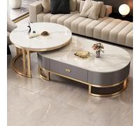 Lot de 2 tables basses gigognes ovales modernes - Dessus en pierre et cadre en acier - Tables de cocktail de salon avec tiroir, 119,4 x 61 x 40,6 cm et 81,3 x 81,3 x 45,7 cm - Décoration d'intérieur
