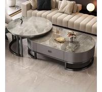 Lot de 2 tables basses gigognes ovales modernes - Dessus en pierre et cadre en acier - Tables de cocktail de salon avec tiroir, 119,4 x 61 x 40,6 cm et 81,3 x 81,3 x 45,7 cm - Décoration d'intérieur