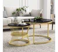 Lot de 2 tables basses gigognes rondes avec espace de rangement, structure en métal, table d'appoint, haute brillance, table de salon moderne avec aspect marbre pour salon, chambre à coucher, balcon